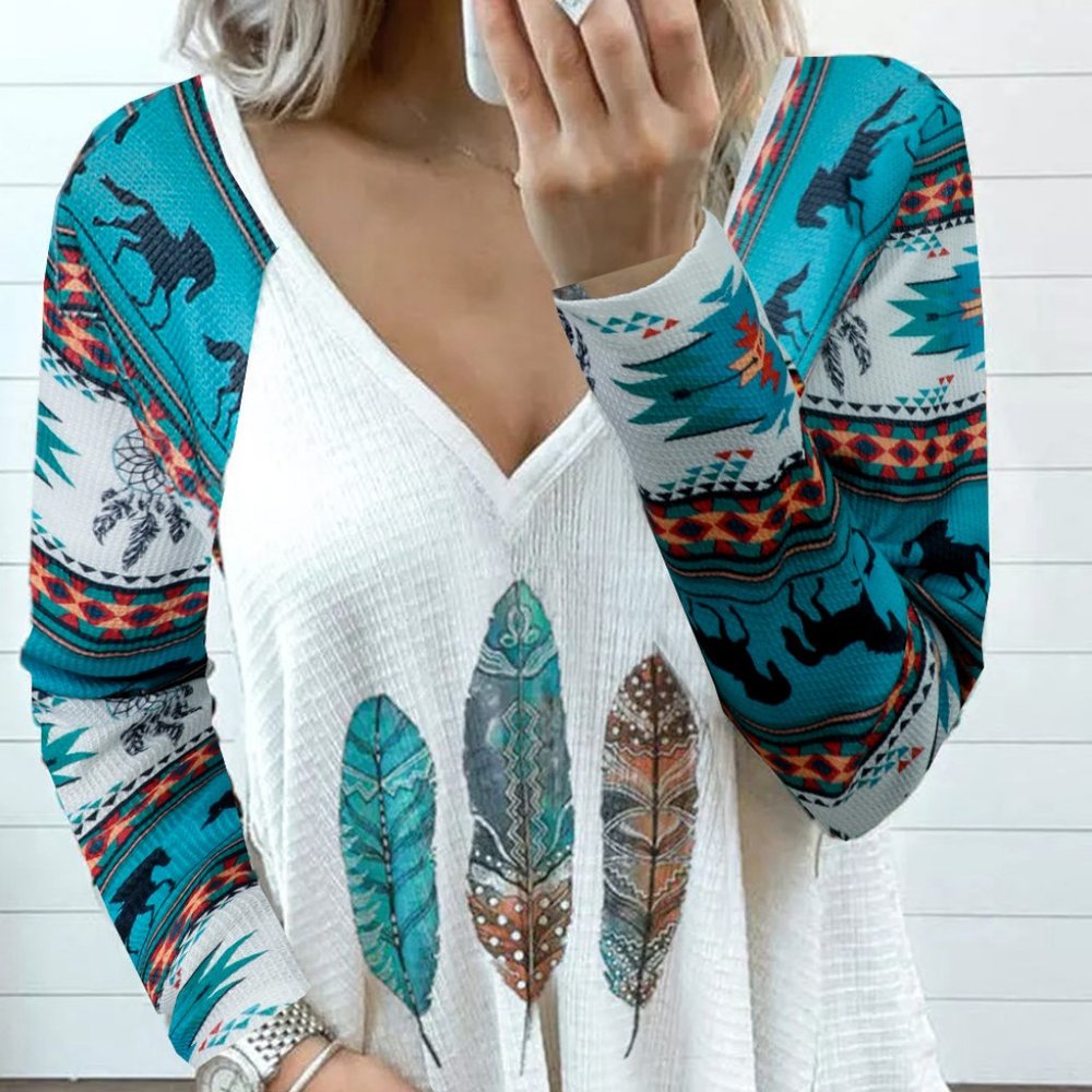 Western Aztec Geometric Feather Horse Blouse
